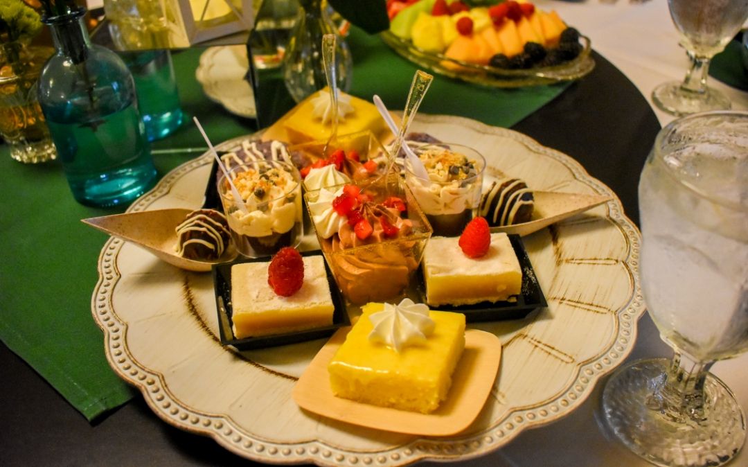 Assorted mini desserts plated for a Willow Brook Village courtyard event in Delaware, Ohio, where catered occasions are part of the senior dining experience.